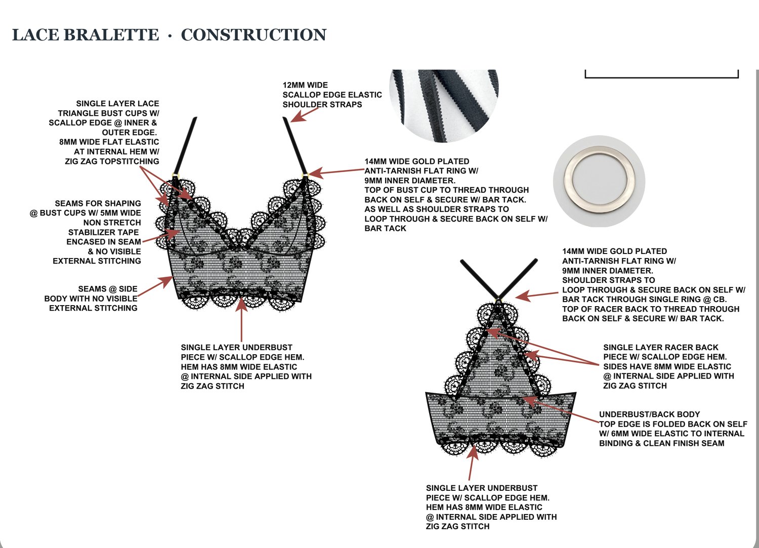 A construction page from a lace-bralette tech pack: front and back flats ringed with callouts specifying single-layer lace triangle cups, 12 mm scallop-edge elastic straps, a 14 mm gold-plated flat ring, bar tacks and zig-zag stitching