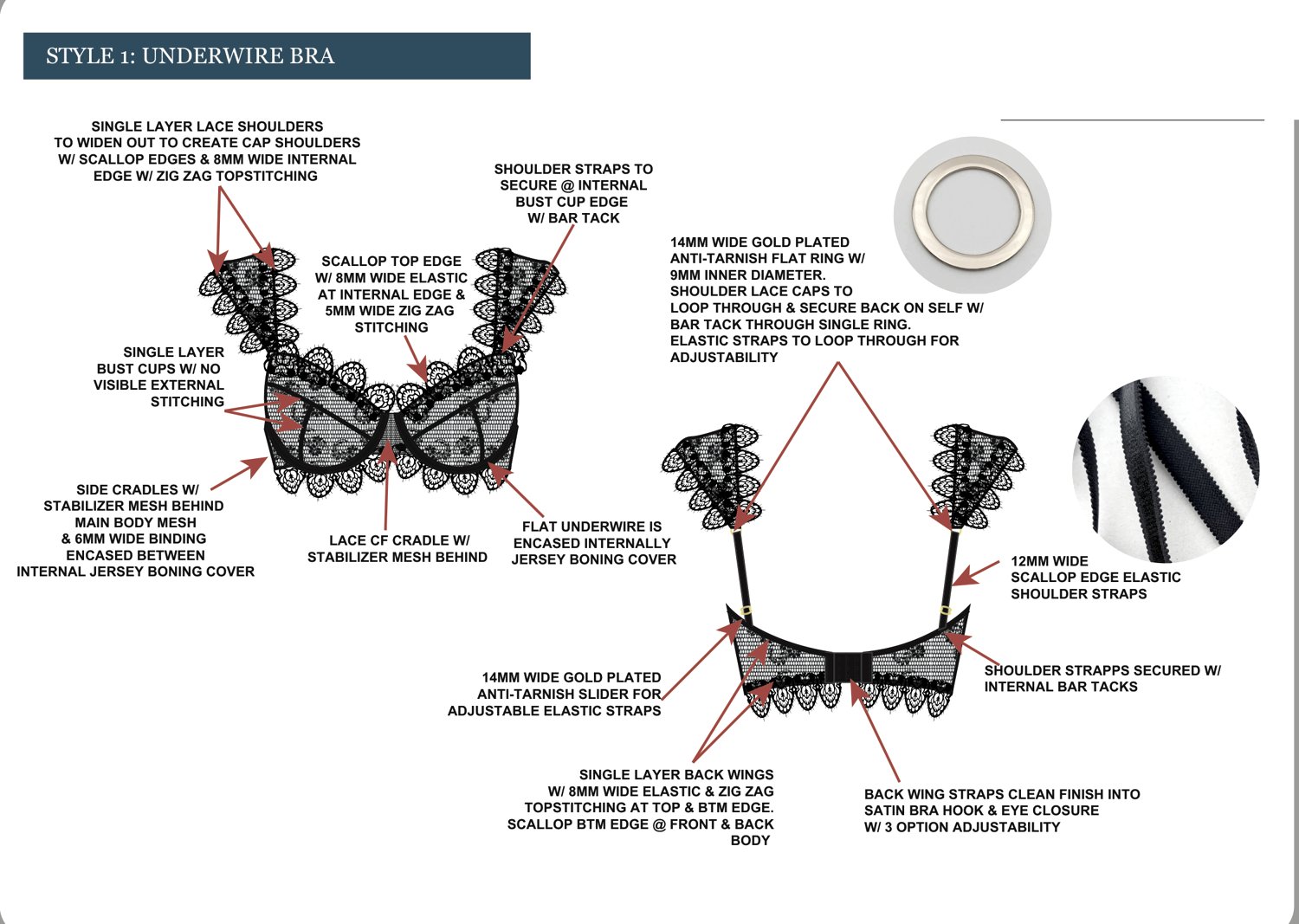 A construction page from an underwire-bra tech pack: front and back flats ringed with callouts specifying cap shoulders, a scalloped top edge, an internally encased flat underwire, a 14 mm gold-plated adjuster, bar tacks and a hook-and-eye back closure