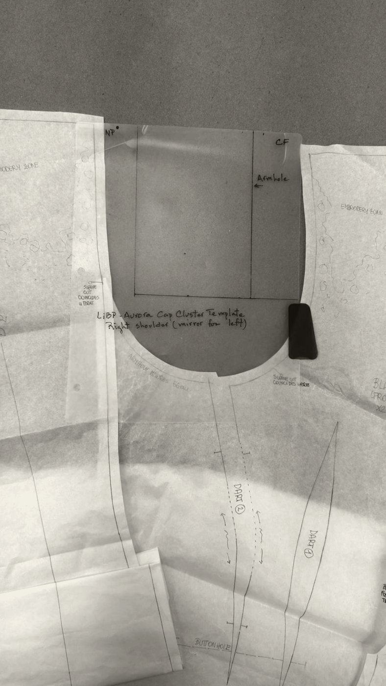 A flat paper pattern covered in hand annotations