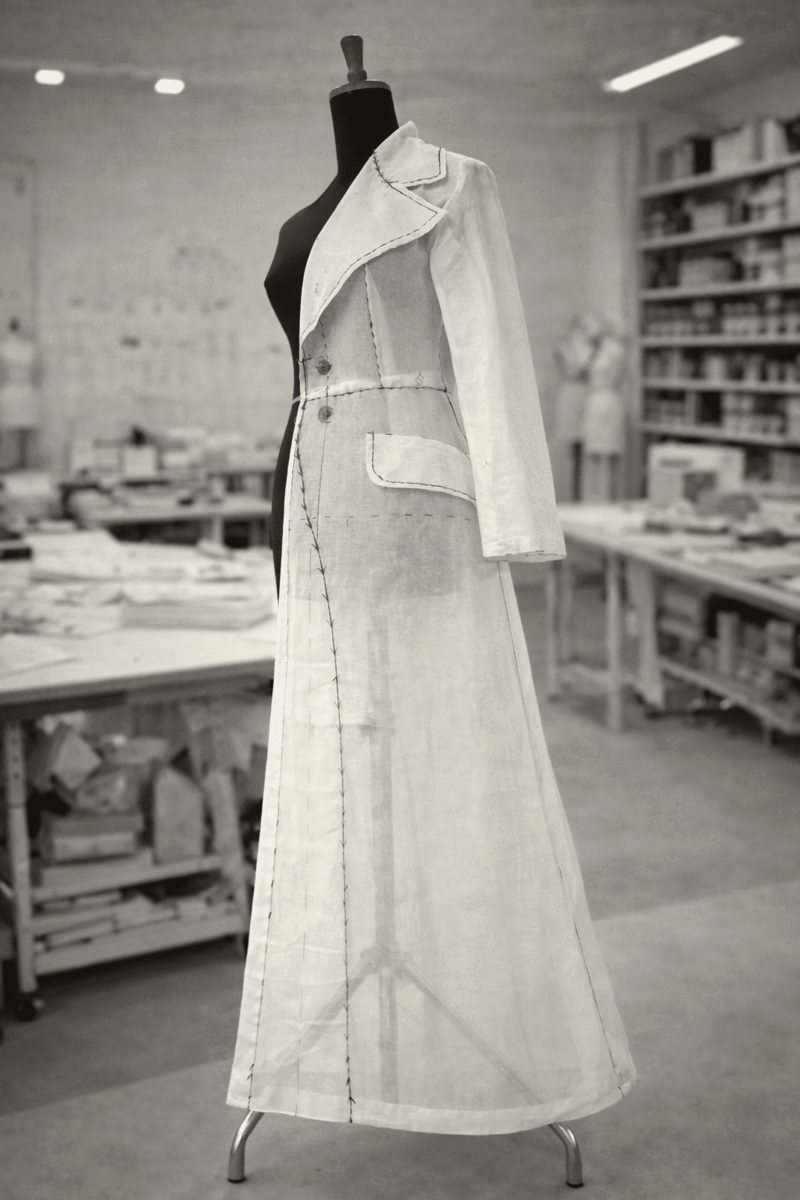 A full-length coat toile in paper on the dress form