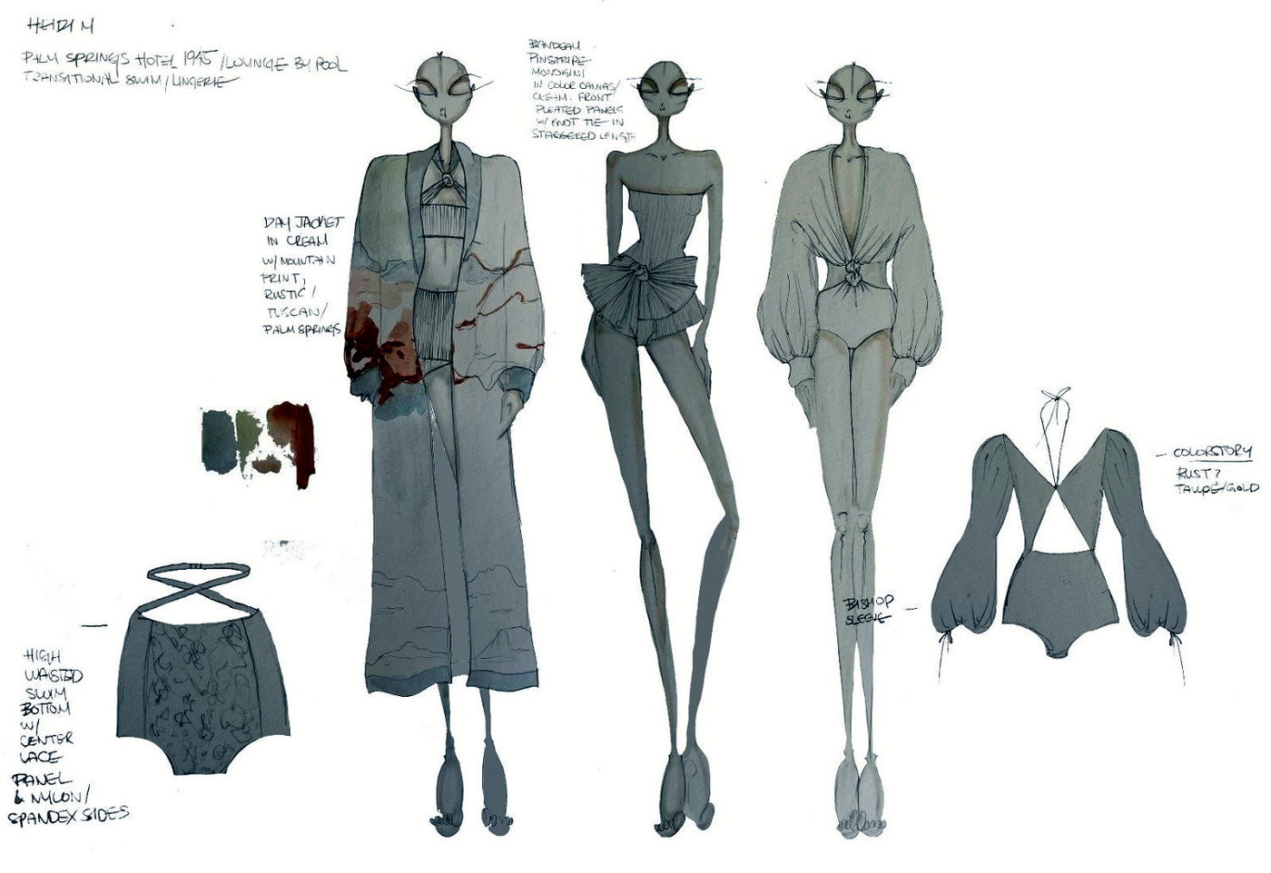 A hand-drawn collection croquis with technical annotations, fashion design development in our Rome atelier