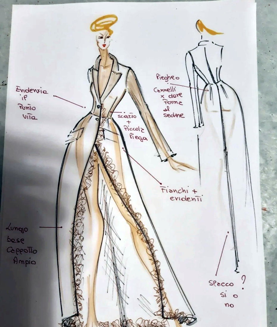 A hand illustration of a tailored coat with the patternmaker's construction notes in Italian