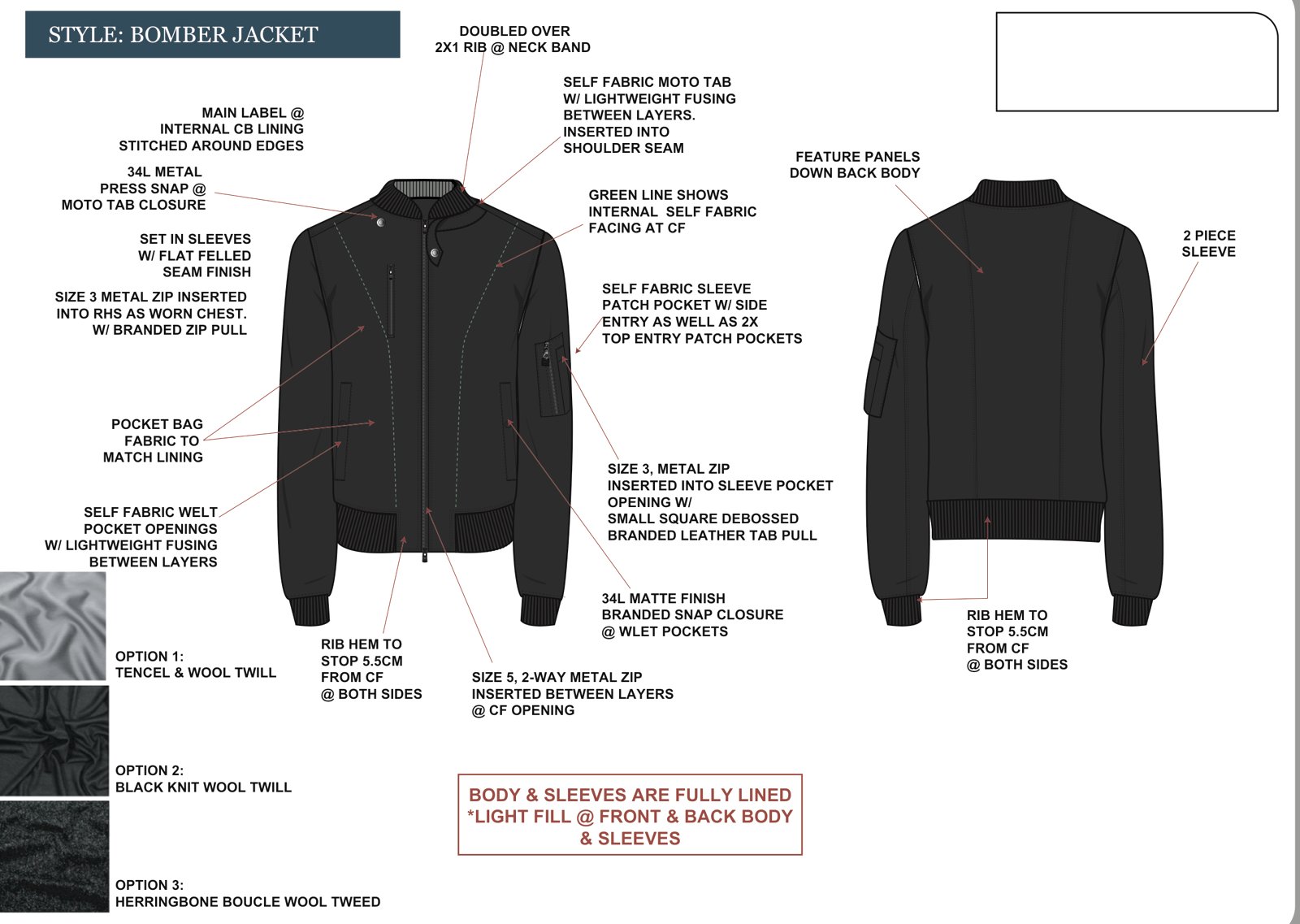 A specification page from a real Giardina tech pack: rendered front and back of a bomber jacket with callouts for the rib neck band, moto tab, flat-felled sleeve seams, welt and sleeve pockets, zip specification and internal facing, plus three fabric options and a fully-lined construction note