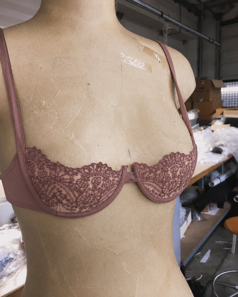 An embroidered tulle demi bra in dusty mauve, on the form