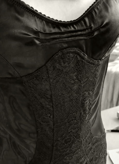 An Italian Alta Moda bodysuit in Italian lace and silk charmeuse on the stand in the Giardina Atelier workshop, Rome