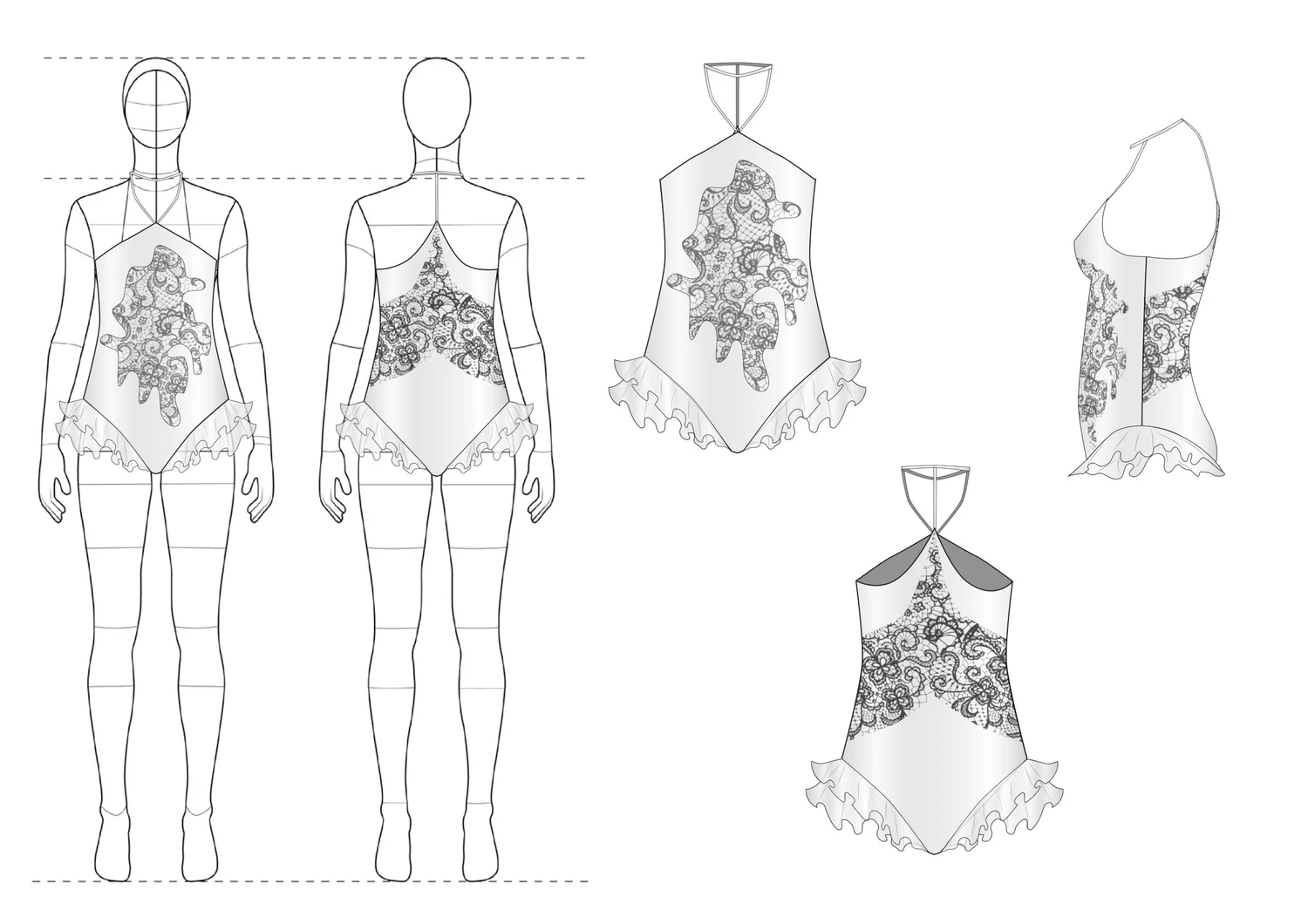 Technical drawings of a garment on the atelier's desk