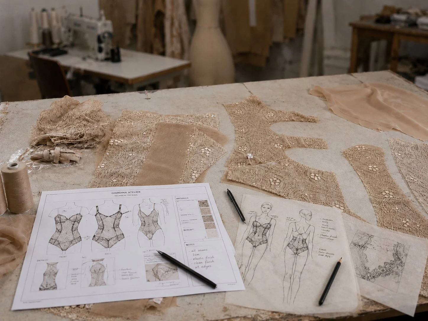 Technical notes and pattern pieces on the cutting table