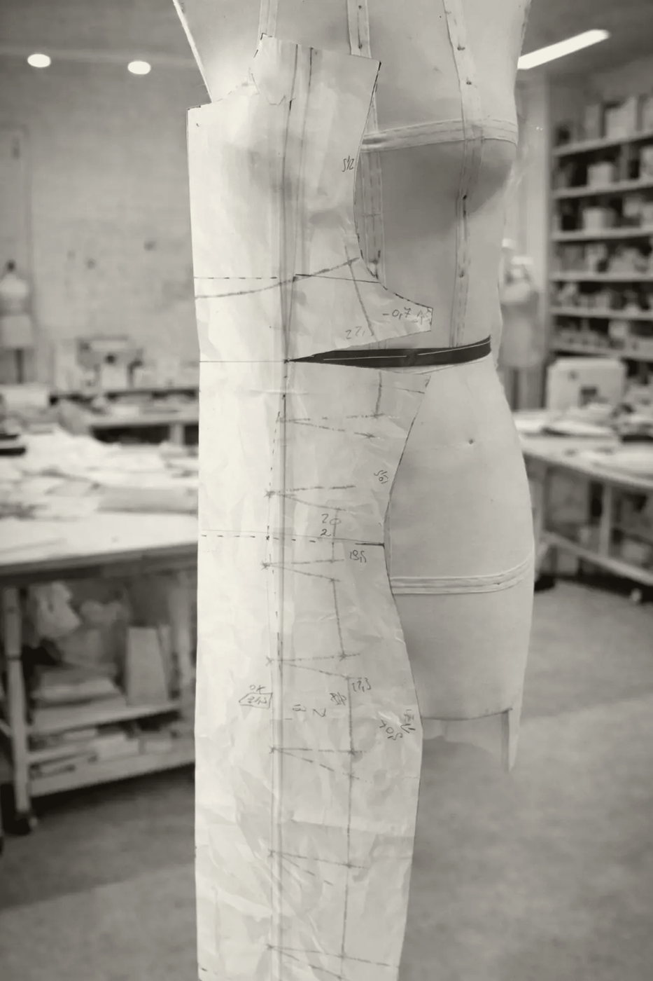 Pattern paper worked on the form, waistline marked