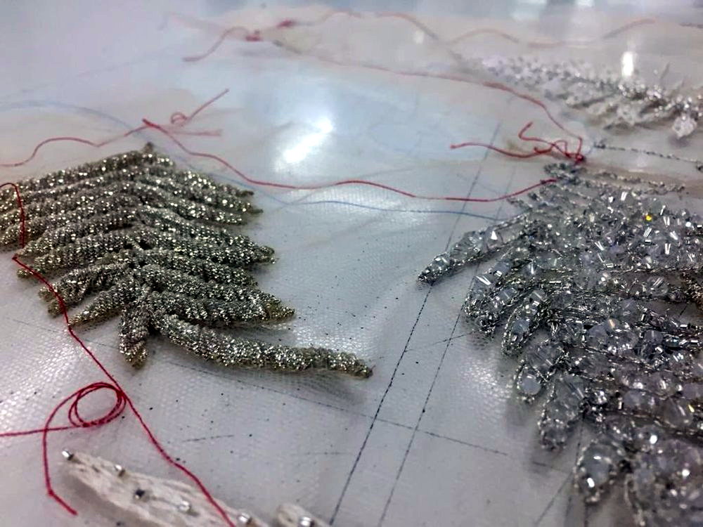 Silver bugle-bead fern appliqu&eacute; in development