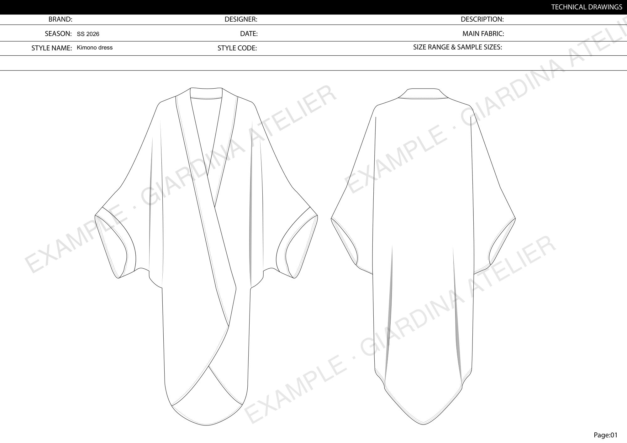 Page 1: technical drawings, front and back flats of the Silk Kimono