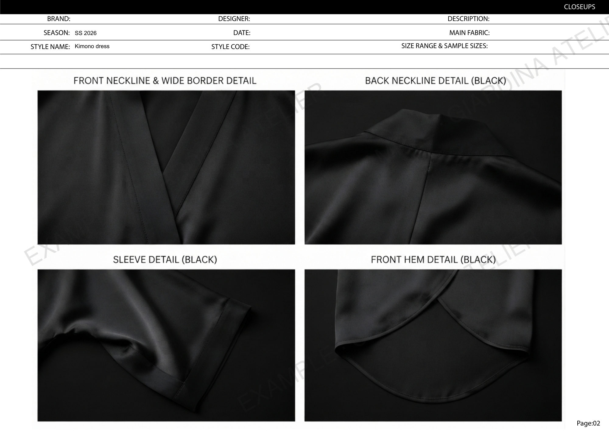 Page 2: technical drawings, close-ups of the neckline, border and sleeve