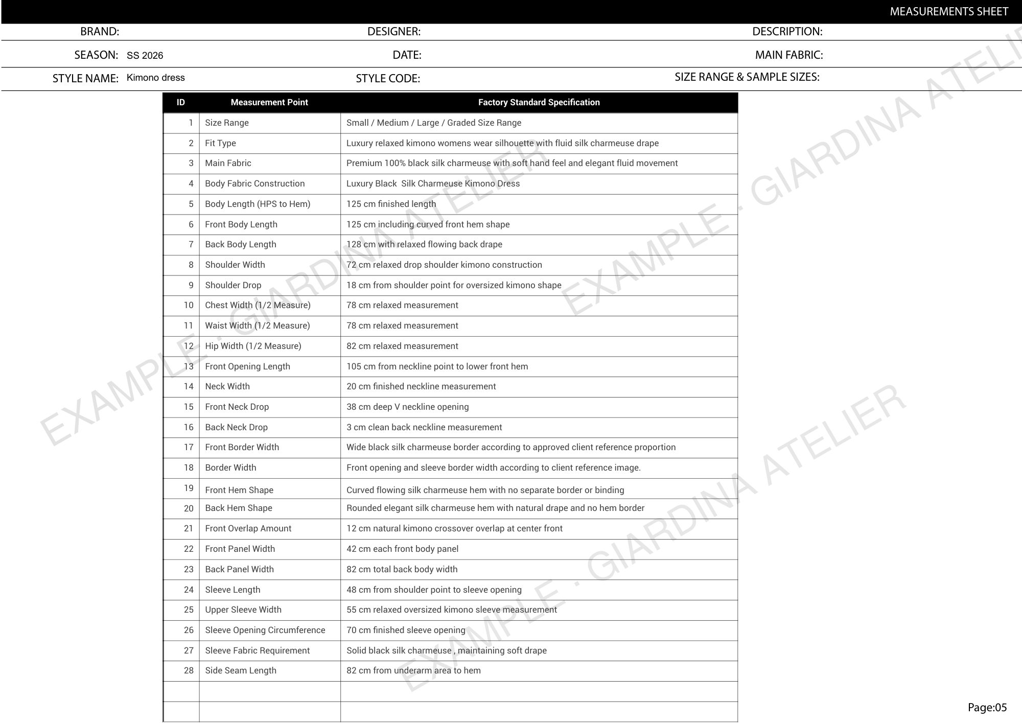 Page 5: measurements sheet, measurement points with factory standard specification