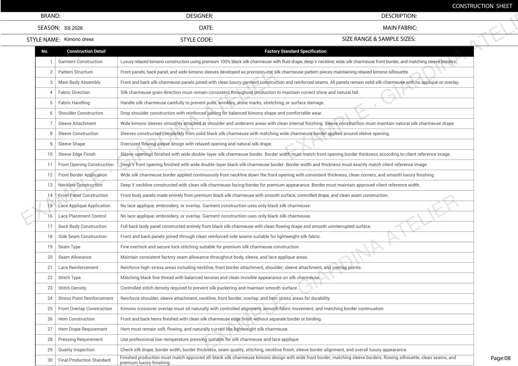 Page 8: construction sheet, construction details with factory standard specification