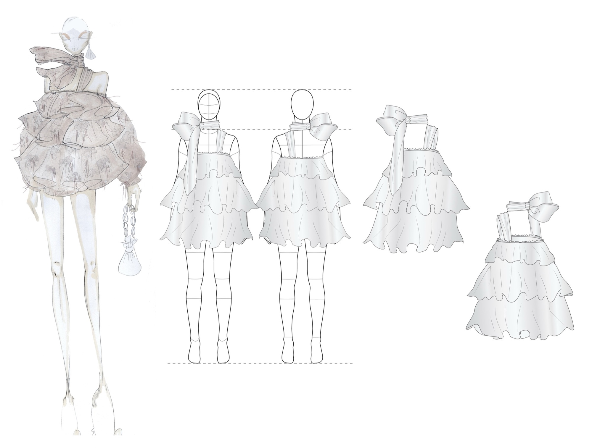 Fashion illustration shown beside its couture technical drawing, front, back, side and open views